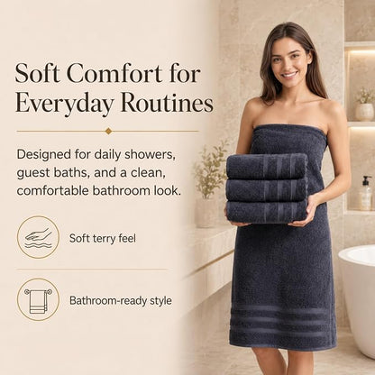 Velqora Bath Towels, 2 Pack, 30 x 60 in, 100% Cotton, Soft, Gray | Balanced Weight | Everyday Comfort | Easy Care