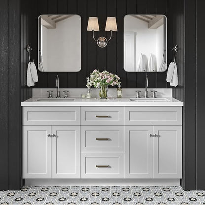 Bradford 66-Inch Grey Double Bathroom Vanity, 1.5-Inch Pure White Quartz Countertop & Backsplash, Rectangular Sinks, 2 Soft Closing Doors, 3 Dovetail Drawers, Toe Kick, Brushed Nickel