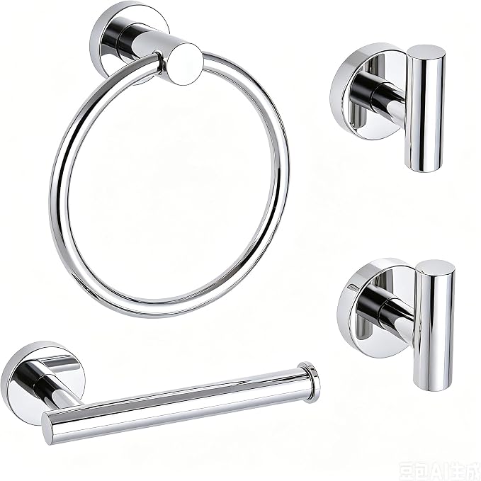 4-Piece Polished Chrome Bathroom Hardware Set - Toilet Paper Holder and Hand Towel Holder, Towel Ring Wall Mounted, Stainless Steel Accessories Set - Silver