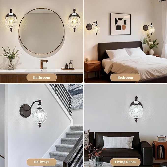1 Piece Vintage Wall Sconce, 1-Light Mid Century Oil Rubbed Bronze Finish Wall Sconce with Globe Glass Shade, Retro Light for Bathroom, Bedroom, Living Room,Powder Room