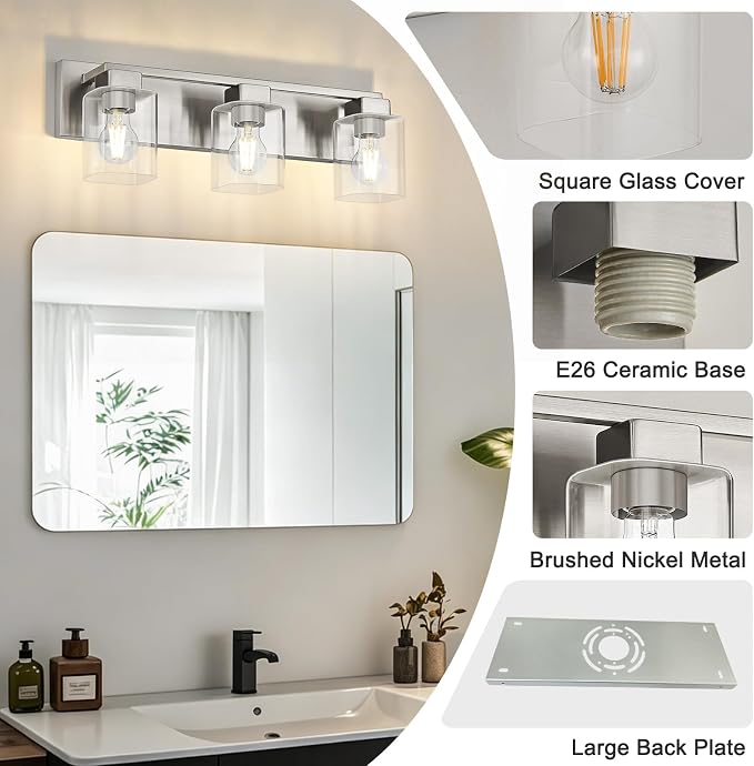 21.6 Inch Brushed Nickel Bathroom Light Fixtures, with Clear Glass Shade | 3-Light Bathroom Lighting Fixtures Over Mirror, Modern Wall Light, bathroom vanity light E26 Socket, ETL