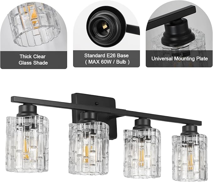Refice 4-Light Bathroom Vanity Lights Crystal Glass, Black | Bathroom Light Fixtures Vanity Lighting Over Mirror for Living Room Farmhouse, Hallway
