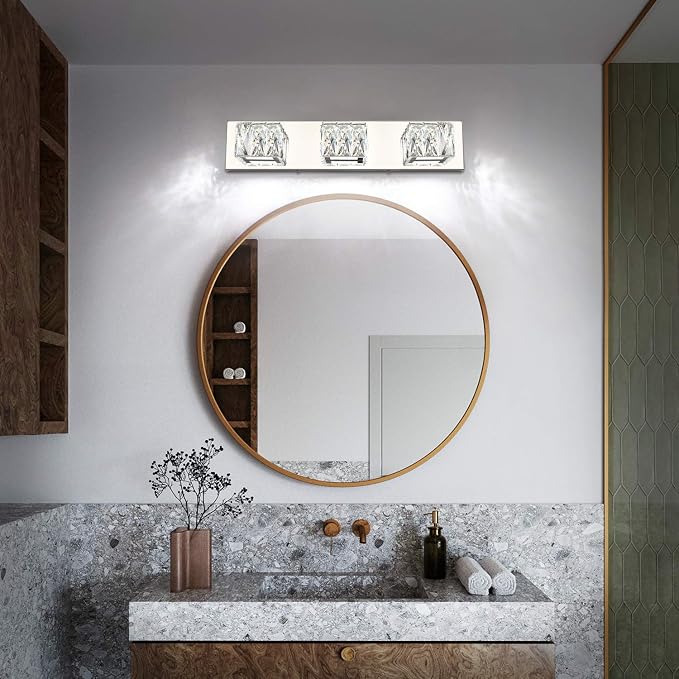 Chrome Bathroom Light Fixtures - Crystal 3 Lights Modern Bathroom Vanity Light - 18 Watt Dimmable LED Vanity Lights for Small Bath