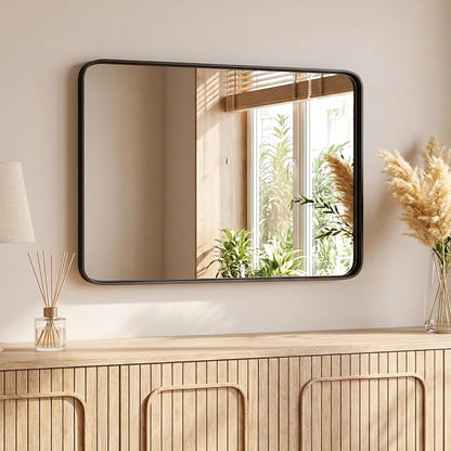 Sweetcrispy Bathroom Mirror 40x24 Inch, Vanity Mirror for Wall | Metal Framed Rounded Rectangle, Over Sink, Farmhouse, Restroom, Anti-Rust, Horizontal or Vertical Hanging, Black