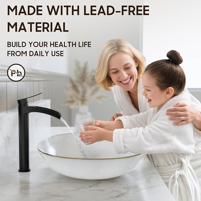 Phiestina Matte Black Tall Bathroom Vessel Sink Faucet, Waterfall Single Hole Single Handle Above Countertop Sink Bathroom Faucet, with Metal Pop Up Drain and Water Supply Lines, NS-SF01-MB-V