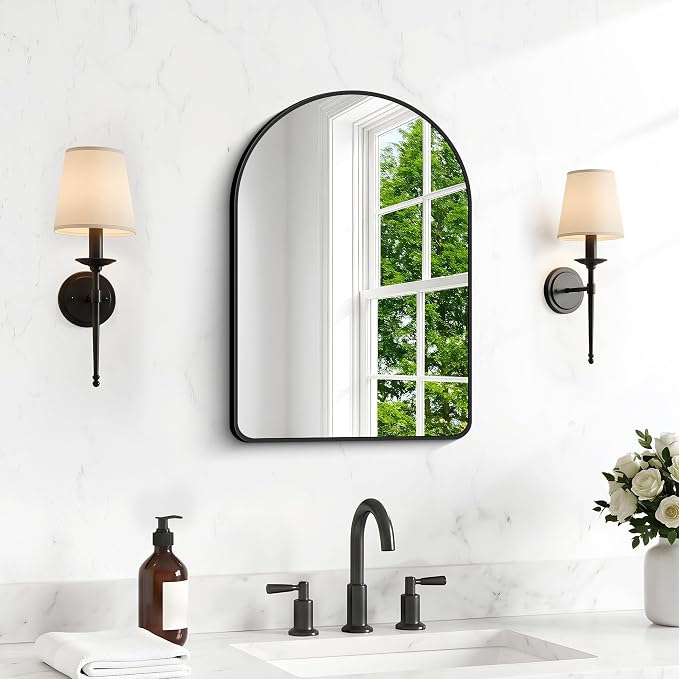 BONEWEI Arched Wall Mirror,18x24 inch Black Arched Mirror Bathroom,Vanity Mirror for Over Sink Metal Frame,Tempered Glass Arch Mirrors for Bedroom,Entryway,Living Room,Home Decor Shatter-Proof