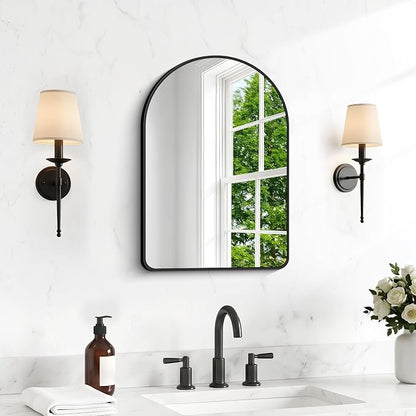 BONEWEI Arched Wall Mirror,18x24 inch Black Arched Mirror Bathroom,Vanity Mirror for Over Sink Metal Frame,Tempered Glass Arch Mirrors for Bedroom,Entryway,Living Room,Home Decor Shatter-Proof