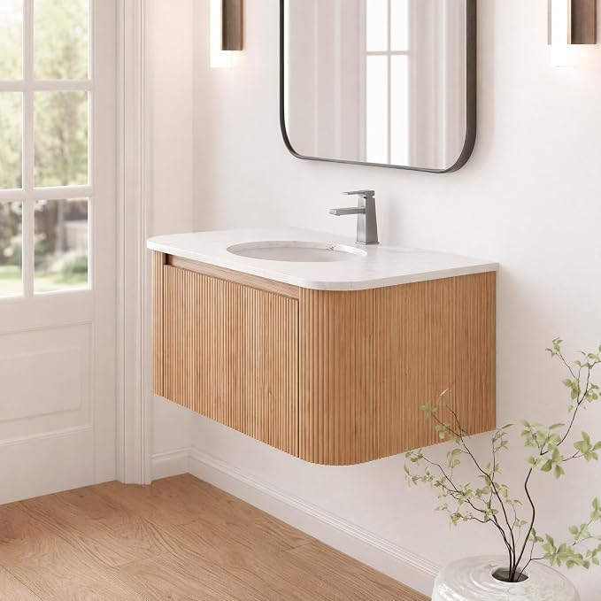 36 Inch Wall Mounted Bathroom Vanity with Ceramic Sink, Pre-Assembled Floating Vanity Cabinet with Cararra Artificial Countertop, Wave Texture Finish & Drawer, Wood