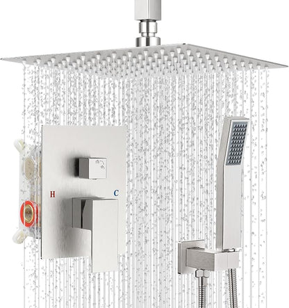 10" Square Ceiling Rain Shower Faucet Set, Brushed Nickel | Anti-scald cartridge, air tech boosts pressure 30%, dual spray, NPT 1/2