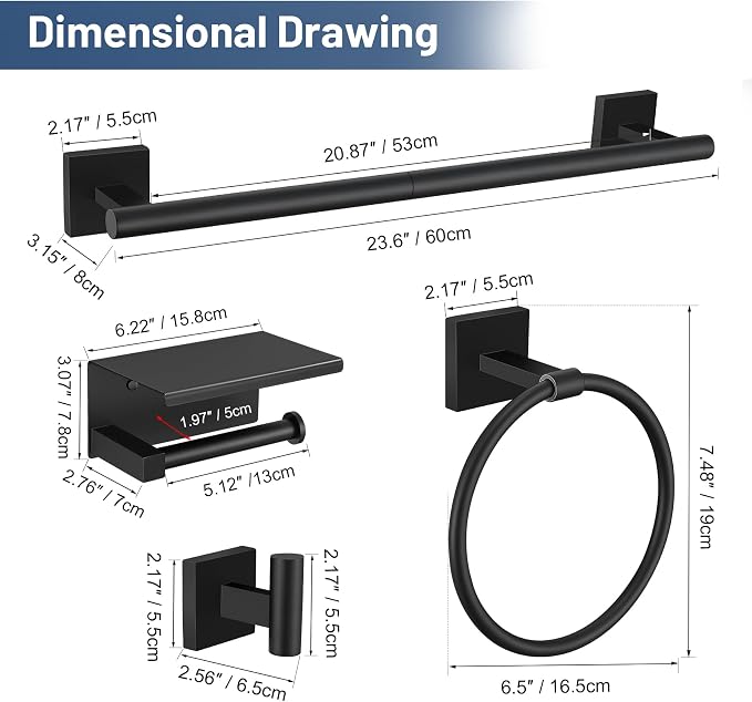TURS 5-Pieces Matte Black Bathroom Hardware Set 23.6 Inch SUS304 Stainless Steel Towel Bar Set Wall Mounted Square Toilet Paper Holder with Shelf