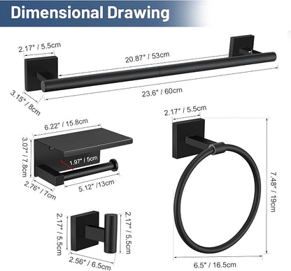 TURS 5-Pieces Matte Black Bathroom Hardware Set 23.6 Inch SUS304 Stainless Steel Towel Bar Set Wall Mounted Square Toilet Paper Holder with Shelf