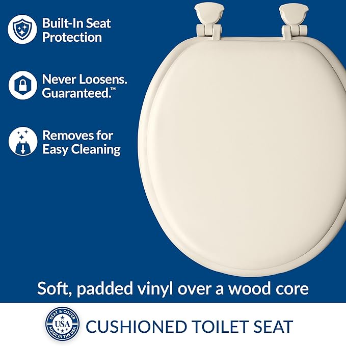 Mayfair Padded Toilet Seat, Cushioned Soft Vinyl over Wood Core Seat, Secure Hinges, Easy Clean, Made in USA, Round, Biscuit (Pack of 2)