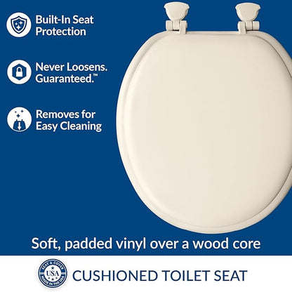 Mayfair Padded Toilet Seat, Cushioned Soft Vinyl over Wood Core Seat, Secure Hinges, Easy Clean, Made in USA, Round, Biscuit (Pack of 2)