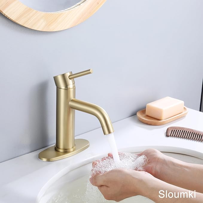 Bathroom Faucet Brushed Gold Modern Bathroom Sink Faucet with Single Handle Suitable for 1 or 3 Holes, Supply Deck Plate and Hose