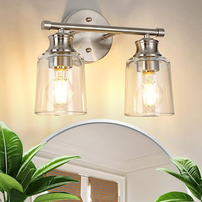 Bathroom Light Fixtures Over Mirror, 2 Lights Vanity Lights with Clear Glass Shade, 12.1" Brushed Nickel Farmhouse Bathroom Wall Light Fixtures for Bedroom, Hotel, Mirror Cabinet