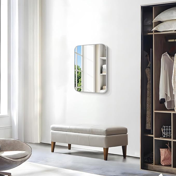 BONEWEI Silver Bathroom Mirror,18x24 inch Wall Mirror for Bathroom Wall Mounted,Rectangle Mirror for Bathroom Over Sink,Modern Frame Round Corner for Living Room,Bedroom Entryway,Horizontal/Vertical