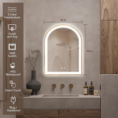 Arched LED Bathroom Mirror, 32"x20" Arch Backlit Vanity Mirror with Lights, Frontlit, Dimmable, 3 Colors, Memory Function, Anti-Fog Smart Mirror, Gold Frame, Shatterproof, UL Listed