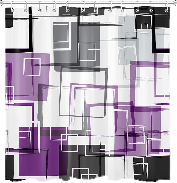 Purple Geometric Modern Shower Curtain for Bathroom,Grey Black and White Abstract Striped Shower Curtain with Hooks Mid Century Minimalist Bathroom Shower Curtain Set,72L X 72W inches