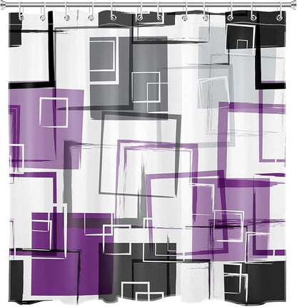 Abstract Geometric Purple Shower Curtain Sets with Rugs, Grey Black and White Geometric Textured Bathroom Curtain Polyester Fabric Bathroom Decoration Shower Curtain Set,70L X 70W Inches