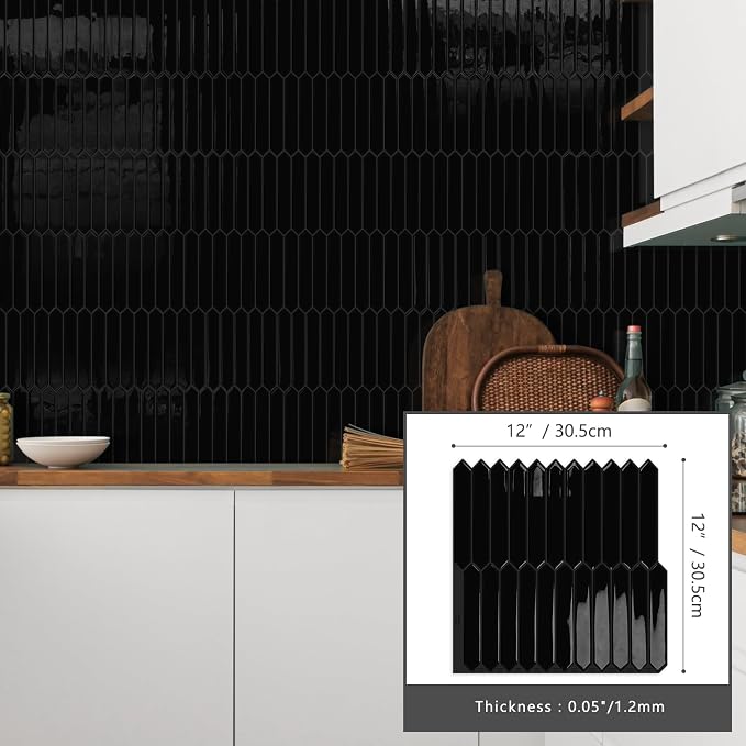 10 Sheets Long Hexagon Tile Peel and Stick Backsplash | Self-Adhesive Wall Tiles Stick on Back Splash for Kitchen, Bathroom, Fireplace,RV(Black,12"×12")