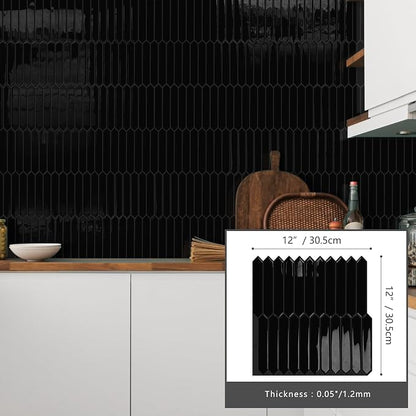 10 Sheets Long Hexagon Tile Peel and Stick Backsplash | Self-Adhesive Wall Tiles Stick on Back Splash for Kitchen, Bathroom, Fireplace,RV(Black,12"×12")