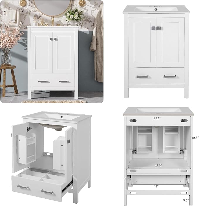 24" Freestanding Bathroom Vanity with Sink, Floor Stand Bathroom Storage Cabinet with Ceramic Sink, Doors with Double-Layered Storage Shelves, Modern Compact Vanity with Divided Drawer, White