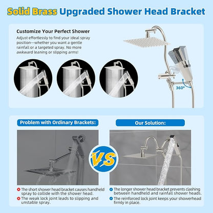 Hibbent All Metal cUPC Certified Shower Head, 8'' High Pressure Rainfall Showerhead Combo, Handheld Shower Wand, 12'' Adjustable Extension Arm, 4-Spray, 71'' Hose, Shower Holder, Brushed Nickel
