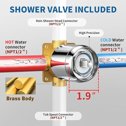 Tub Shower Faucet Set Valve Included with 6-Inch Rain Shower Head and Tub Spout Single-Handle Tub and Shower Trim Kit Chrome for Bathroom Remodels — Regaderas Para Baño Con Tina Modernas