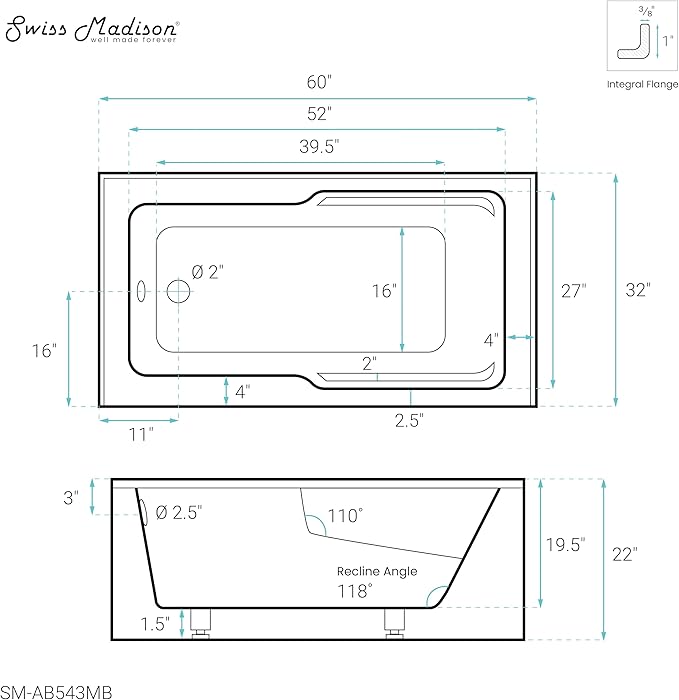 Voltaire 60" x 32" Left-Hand Drain Alcove Bathtub with Apron in Matte Black