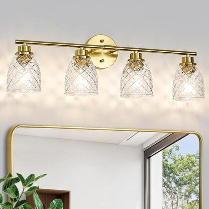 4-Light Vanity Light Over Mirror, Brushed Gold Bathroom Light Fixtures | Modern Farmhouse Wall Sconces with Hammered Glass Lampshade for Kitchen Hallway Bedroom Living Room Cabinet Porch-27.5IN