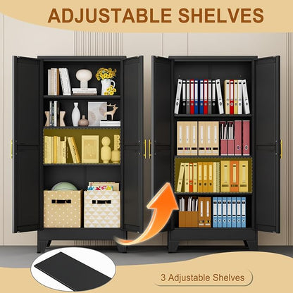 61" Black Metal Storage Cabinet with 2 Doors and 3 Adjustable Shelves,Steel Garage Tool Cabinet, File Cabinet,Kitchen Pantry Cabinet for Home,Office,Garage,School,Warehouse