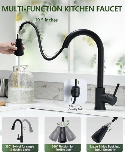 Black Kitchen Faucet with Pull Down Sprayer, VFAUOSIT Industrial Commercial Stainless Steel Single Handle Single Hole 3 Hole RV Laundry Pull Down Pull Out Gooseneck Kitchen Sink Faucets Matte Black