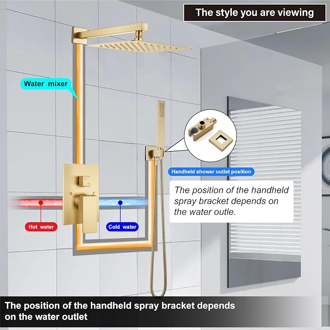 Midanya Shower Faucet Set with Handheld Sprayer,10 Inch,Brushed Gold | Rough-in Shower Valve and Trim Kit Included,Square Rain Head,Wall Mount Shower System,All Metal,Bathroom