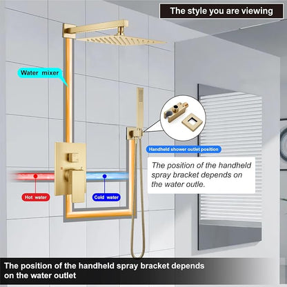 Midanya Shower Faucet Set with Handheld Sprayer,10 Inch,Brushed Gold | Rough-in Shower Valve and Trim Kit Included,Square Rain Head,Wall Mount Shower System,All Metal,Bathroom