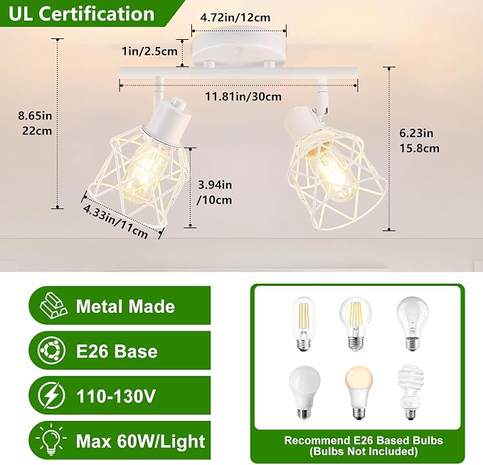 Baocuz 2-Lights White Kitchen Track Lighting, Adjustable Multi-Directional Ceiling Light Fixtures, Rotatable Farmhouse Light Fixtures Mount with Metal Cage for Dining Room, Living Room, Bedroom