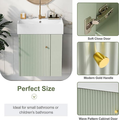 Merax 20" Floating Wall Mounted Bathroom Vanity, Modern Bathroom Storage Cabinet with Doors & Side Storage, Soft-Close System, Single Basin Vanity Set,Green