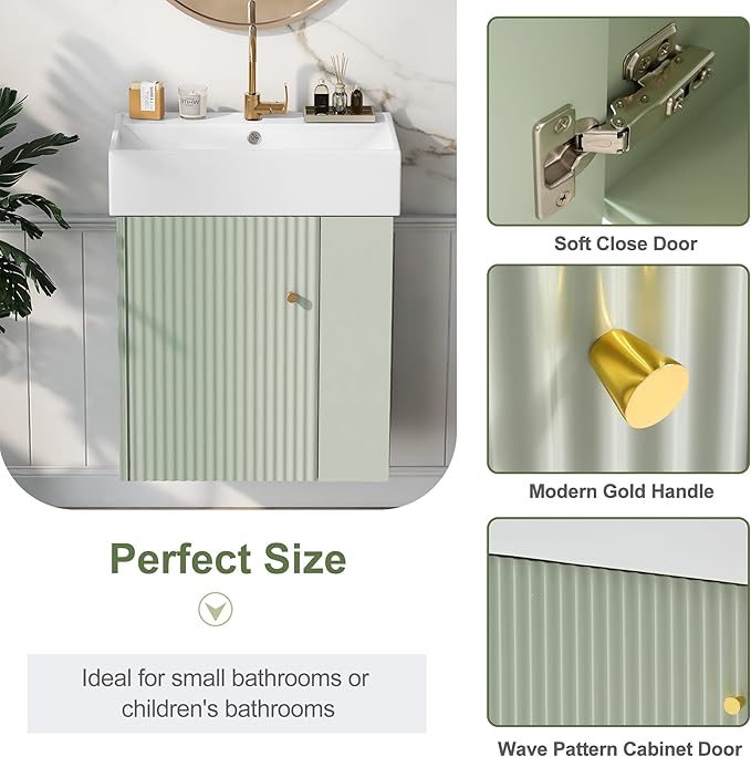 BNSPLY 22 Inch Floating Bathroom Vanity with Sink, Wall Mounted Bathroom Vanity Cabinet with Ceramic Sink, Modern Single Basin Vanities, Small Restroom Basin Cabinet with Right Side Storage, Green