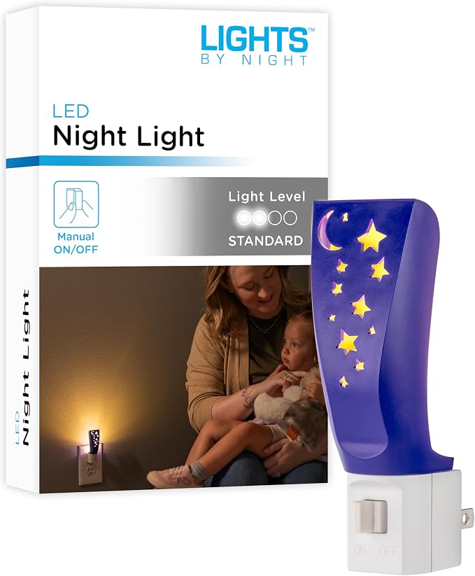 Lights By Night Star Moon Plug in Night Light for Kids, LED Nightlight | Plug Into Wall, Boys, Girls, Toddler, Baby, Space Room Decor, Kids Room, Bedroom, Bathroom, Nursery, UL Safety Listed, 44940
