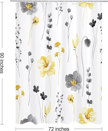 Yellow Beige Watercolor Floral Fabric Shower Curtain, 72x90 | Waterproof Fabric, Modern Minimalist Floral Print, Machine Washable, Rustproof Grommets, for Bathroom Home, Extra Long