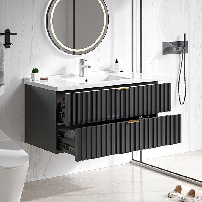 ONBRILL 36 Inch Bathroom Vanity with Sink Combo, Floating Bathroom Vanity with 2 Fluted Drawers & Metal Handle, Modern Wall Mount Storage Cabinet with Ceramic Integrated Sink for Small Space (Black)