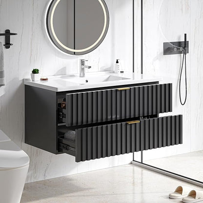 ONBRILL 36 Inch Bathroom Vanity with Sink Combo, Floating Bathroom Vanity with 2 Fluted Drawers & Metal Handle, Modern Wall Mount Storage Cabinet with Ceramic Integrated Sink for Small Space (Black)