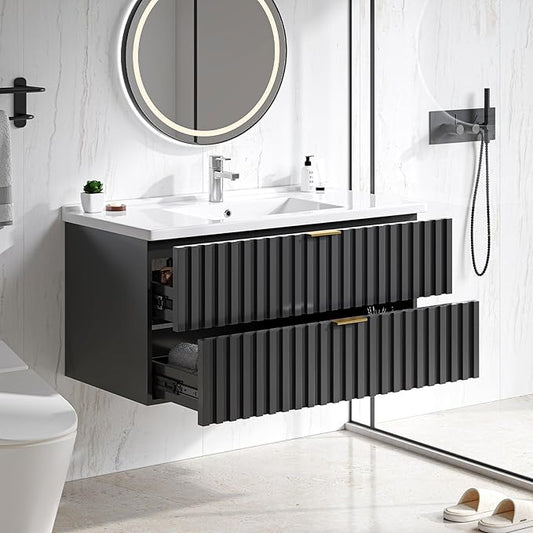 ONBRILL 36 Inch Bathroom Vanity with Sink Combo, Floating Bathroom Vanity with 2 Fluted Drawers & Metal Handle, Modern Wall Mount Storage Cabinet with Ceramic Integrated Sink for Small Space (Black)