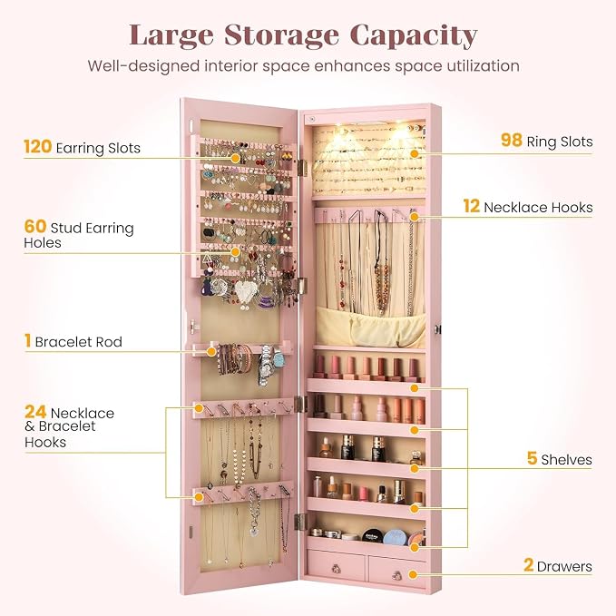 LOKO Mirrored Jewelry Armoire, Wall/Door Mounted Jewelry Cabinet with Full-Length Mirror, Lockable Jewelry Storage Organizer with 2 Drawers & 2 LED Lights, for Girls Women Gift Bedroom (Light Pink)