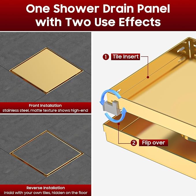 DLONE® Shower Drain | 6 Inch Brushed Gold with Tile Insert Panel | Square Shower Drain, with Hair Catcher, Shower Floor Drain Fits Bathroom & Balcony etc