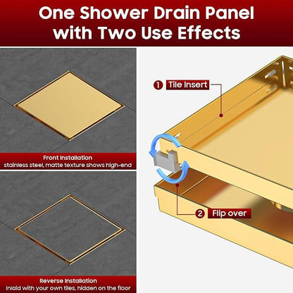 DLONE® Shower Drain | 6 Inch Brushed Gold with Tile Insert Panel | Square Shower Drain, with Hair Catcher, Shower Floor Drain Fits Bathroom & Balcony etc