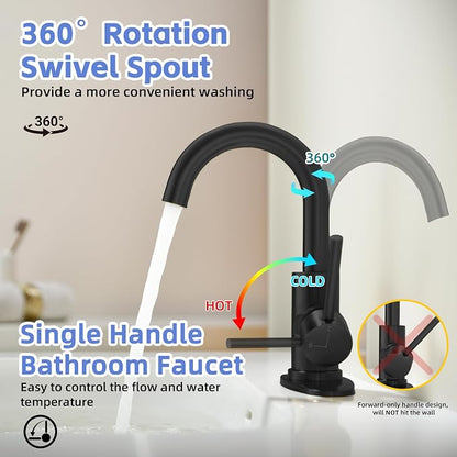 Matte Black Bathroom Faucets for Sink 1 Hole or 3 Holes, Single Hole Black Bathroom Sink Faucet with Pop-Up Drain Mini Size Vanity Faucet Bar Faucet Single Handle Lavatory Faucets