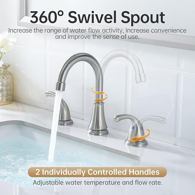 Bathroom Faucet 3 Holes, 8 Inch Widespread Faucet 2 Handle Bathroom Sink Faucets Lead-Free Brushed Nickel Bath Sink Faucets with Pop-up Drain Stopper and Supply Hoses
