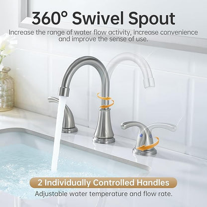 Bathroom Faucet 3 Holes, 8 Inch Widespread Faucet 2 Handle Bathroom Sink Faucets Lead-Free Brushed Nickel Bath Sink Faucets with Pop-up Drain Stopper and Supply Hoses