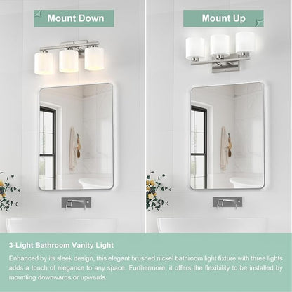 Honesorn Bathroom Light Fixtures Brushed Nickel, 3-Light Vanity Lights | Bathroom Vanity Light with Frosted Shades, Modern Bathroom Lights Over Mirror, Anti-Rust, E26 Socket (Bulbs Not Included)
