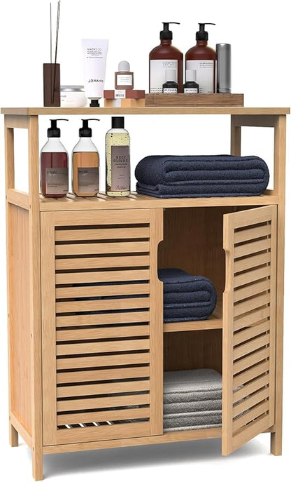 Bamboo Bathroom Storage Cabinet with 2 Doors, Bathroom Floor Freestanding Cabinets Organizer for Living Room, Kitchen, Entryway